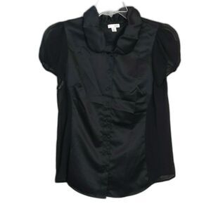 GO International Black Satin Sheer Short Sleeve Button Up Blouse Women's L